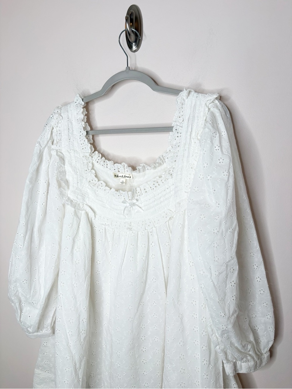 For Love & Lemons Susie Eyelet Lace Babydoll Long Sleeve Mini Dress White - Picture 3 of 7